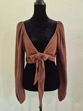 SHEIN Rust Tie-Front Brown Long Sleeve Crop Top